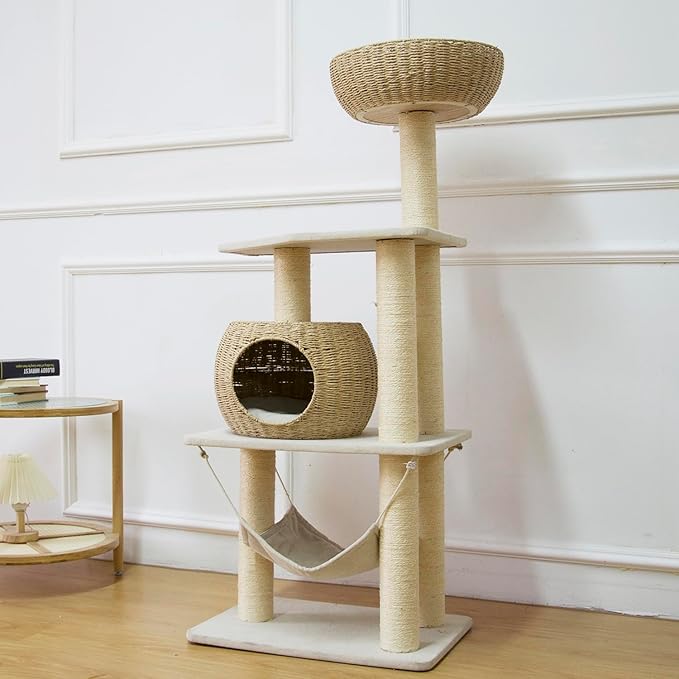 Wood Cat Tree for Indoor Cats, 52.4 Inch Tall, with Scratching Post and Hammock