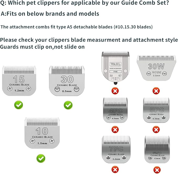 Professional Animal Stainless Steel 4 Color Guide Comb Set Compatible with andis Oster A5 wahl km10 10#/15#/30# Detachable Blade，Cutting Length 19mm-32mm
