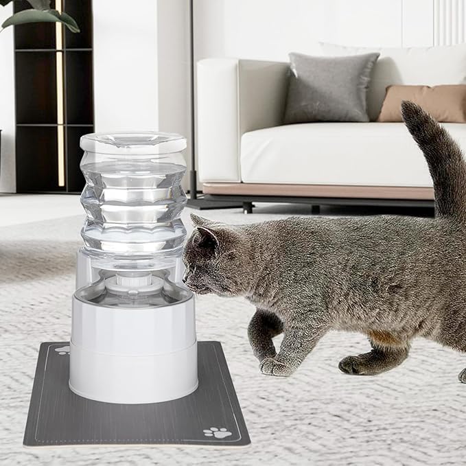 RIZZARI Automatic Pet Water Dispenser: 5L White Cats and Dogs Gravity Feeder - Stainless Steel Bowl - Outdoor Hiking Use