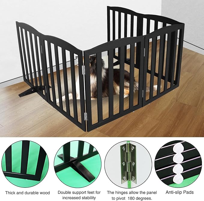 ZJSF Foldable Freestanding Indoor Dog Gate for House Wood White Long Pet Gates Dog Fence for Stairs Puppy Gates for Hallways, Puppy Gate,Support Feet Included, Black, 24 "Height-6 Panels