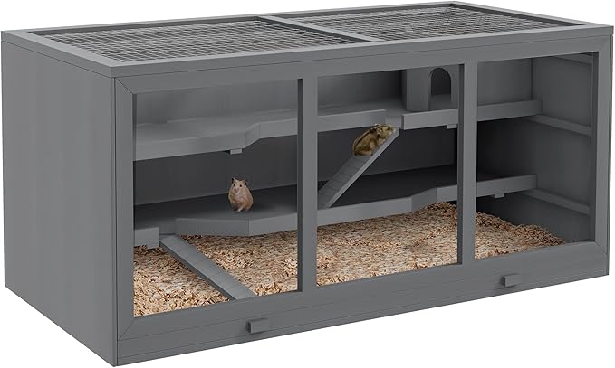 PawHut 45" Extra Large Wooden Hamster Cage, 3-Layer Chewproof Rat Cage with Opening Roof, Hut, Ramps, for Gerbil, Dwarf & Syrian Hamsters, Gray