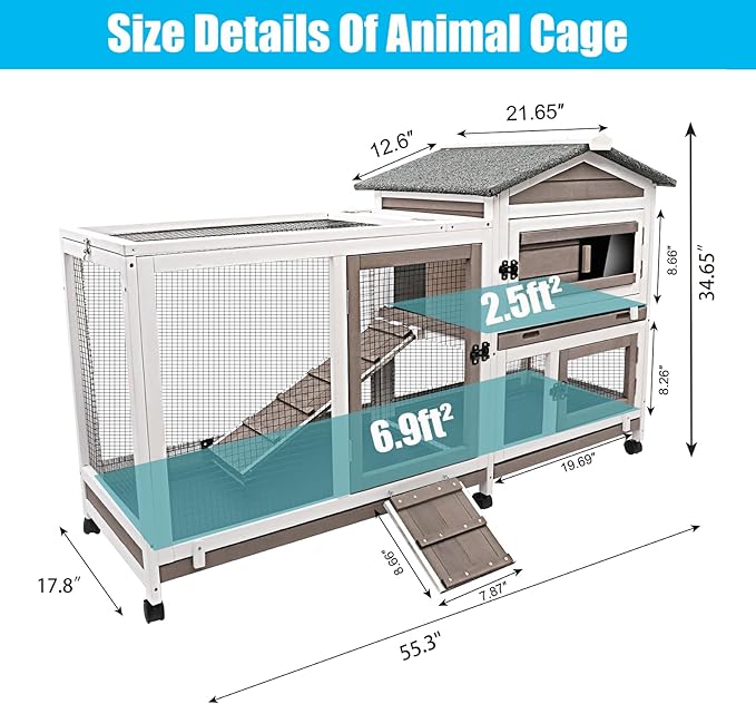 Rabbit Hutch Indoor Outdoor Two Story Bunny Hutch with Wheels Guinea Pig Cage with Removable No Leaking Tray Wooden Pet House