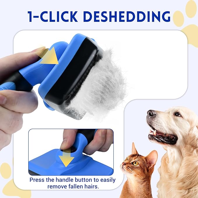 Large Self Cleaning Deshedding Brush for Dogs & Cats - One Button Hair Release Grooming Tool, Gentle Massage Brush for Long and Short Hair (Blue)