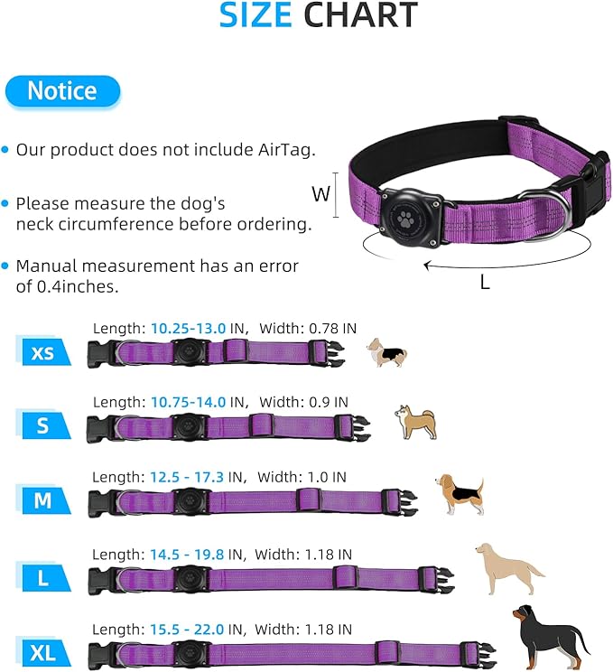 Upgraded AirTag Dog Collar, IP68 Waterproof Air Tag Dog Collar Holder, Reflective, Ultra-Durable, Comfortable Padded, Heavy Duty Dog Collars for Small Medium Large Dogs (S (10.6"-13.6"), Purple)
