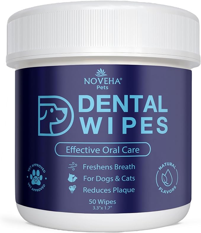 NOVEHA Pets Dental Finger Wipes for Dogs & Cats | Freshens Breath, Reduces Plaque | Healthier Gums | Clean Teeth No Toothbrush | Vet Recommended Effective Natural Oral Care (50 pcs, Flavor-Free)