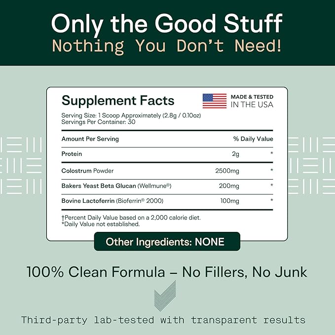 Adapt Naturals Colostrum Supplement with Lactoferrin & Beta-Glucan, Bio-Avail Grass Fed Bovine Colostrum Powder for Gut Health, Immune Support & Vitality | Non-GMO, 2500mg, Unflavored - 30 Days Supply