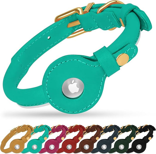 OOPSDOGGY Rolled Leather Dog Collar with Airtag Holder - Reflective Round Airtag Dog Collar - Soft Tracking Pet Collar for Small Dogs Puppy Cats Kitten (Teal, S, 10"-13")