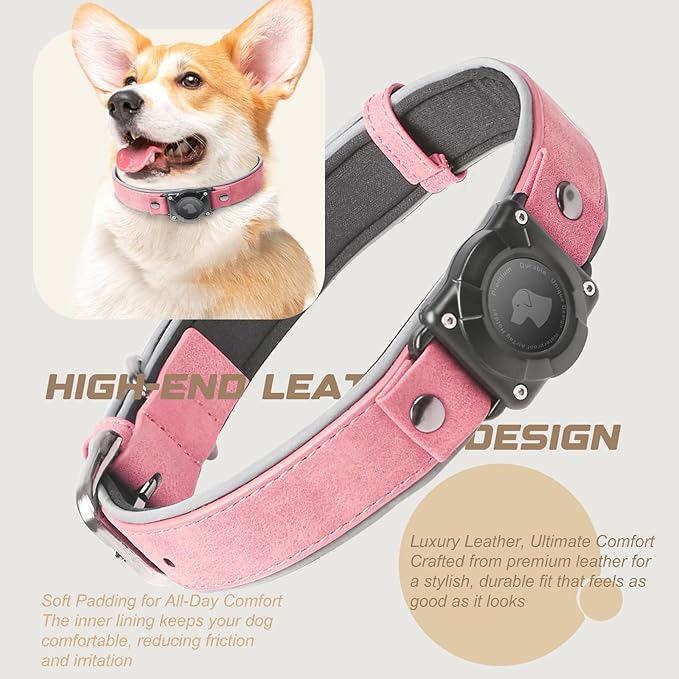 AirTag Dog Collar - Leather Dog Collar with Air Tag Holder | IPX8 Waterproof, Reflective, High - End, Adjustable Soft Padded | Dog GPS Tracker Collars Fit for Medium Large Dogs (Pink, M(12.5"-17.3"))