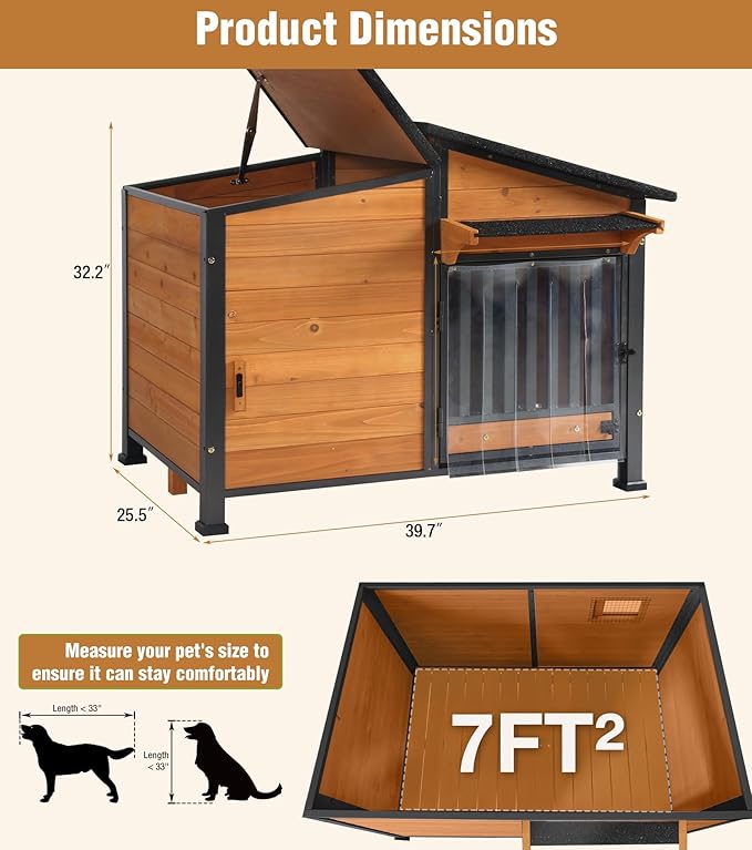 GUTINNEEN Heated Dog House Outdoor with Electric Heating Pad, Insulated Wooden Dog Kennel with 360° Rotating Feeding Bowl, Anti-Chewing Metal Frame, Natural Wood Color