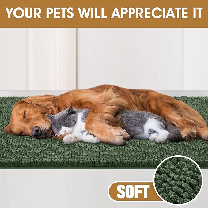 IM HOME Extra Large 71" x 25" Olive Dog Door Mats for Muddy Paws, Chenille Absorbent Dog Mat, Non Slip Heavy Mud Mat for Dogs, Soft Pet Bed Mat for Entryway, Mud Paws, Inside Floor