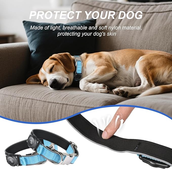 Waterproof Airtag Dog Collar - Nylon Collar with Durable Airtag Holder, Reflective&Anti-Lost with Safety Metal Buckle, Soft Padded Adjustable for Small Medium Large Dogs Blue S