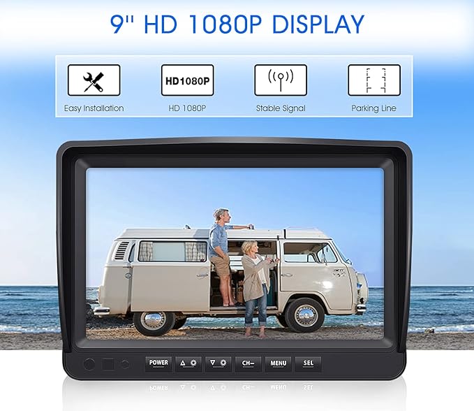 9" Wireless Backup Camera System for RV Truck Trailer Camper, 9 Inch DVR Quad Split Monitor IP69 Waterproof HD 1080P Wireless Rear Side View Cameras, Stable Signal Observation System - B904