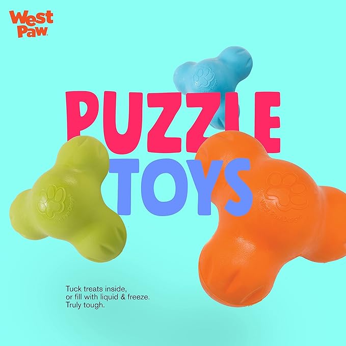 WEST PAW Zogoflex Tux Treat Dispensing Dog Chew Toy – Interactive Chewing Toy for Dogs – Dog Games for Aggressive Chewers, Fetch, Catch – Holds Kibble, Treats, Small 4", Aqua Blue