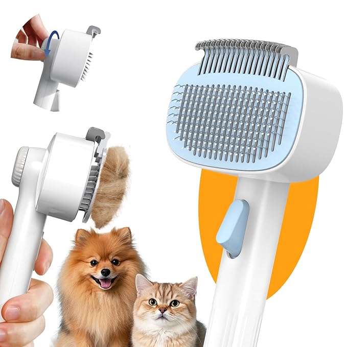 Self Cleaning Slicker Brush, 2-in-1 Cat Brush for Shedding, Skin Friendly Grooming Tool for Long & Medium-Long Hair Pets, Adjustable Bristle Length with Dematting Comb for Cats, Dogs (Blue)