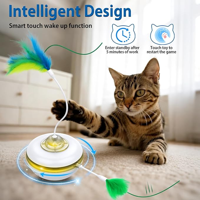 Interactive Cat Toys Rechargeable, Hide and Seek Kitten Toy with Touch Activated, Moving Concealed Feather, Tumbler Toy Design, Automatic Cat Toys for Indoor Cats to Chase and Exercise