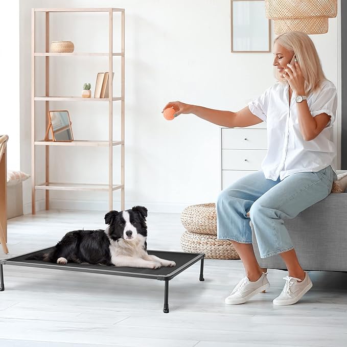 Veehoo Chewproof Elevated Dog Bed - Cooling Raised Pet Cot, Breathable Mesh, Washable & Non-Slip for Medium Dogs, Indoor/Outdoor, Black Mat and Black Frame, 32x25inches (Model CWC2203A03)