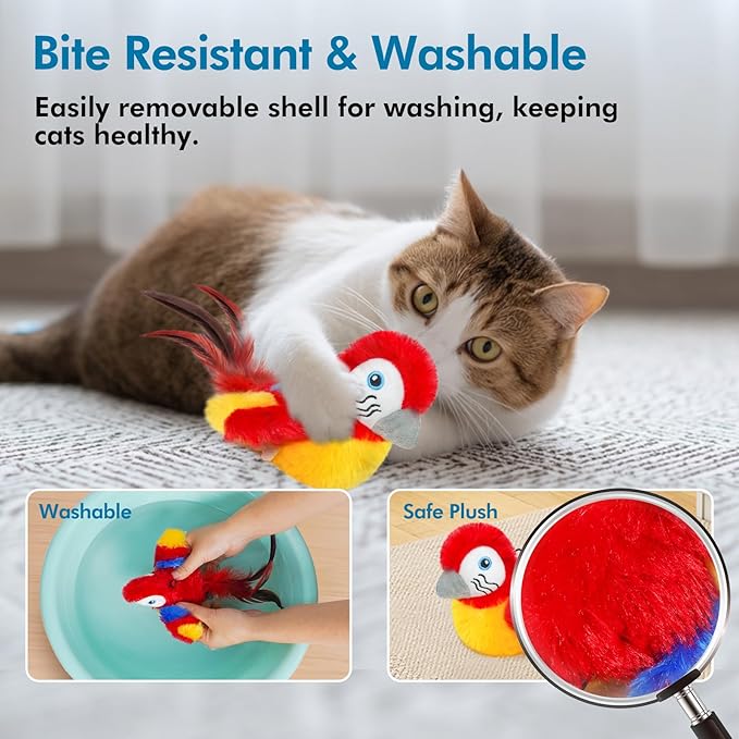 Vannon Cat Toys Flapping Bird(Cannot Fly), Rechargeable Touch Activated Kitten Toy Interactive Cat Exercise Toys with Catnip and Feather for Indoor Cat - Red