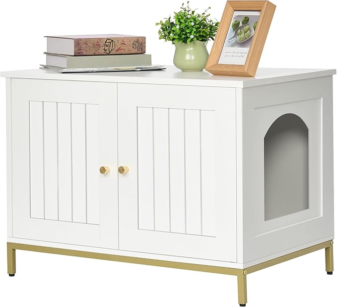 Homhedy Cat Litter Box Enclosure, Cat Washroom Furniture with Metal Frame, Pet House, Fit Most of Litter Box, Modern Style, White and Gold