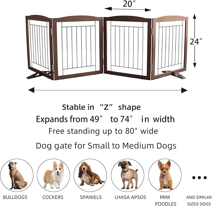 ZJSF Freestanding Dog Fence Indoor, Foldable Dog Gate for Doorways, Stairs or Hallways, Sturdy Wood Extra Wide Pet Gate with Support Feet for The House, Brown, 24 "Height-4 Panels