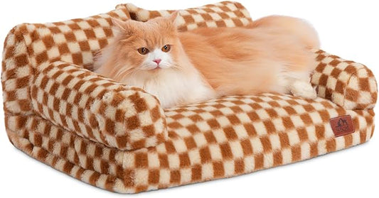 Hollypet Fluffy Plush Dog Cat Pet Couch Soft Calming Sofa Bed for Medium Small Cats and Dogs, Brown and Light Yellow