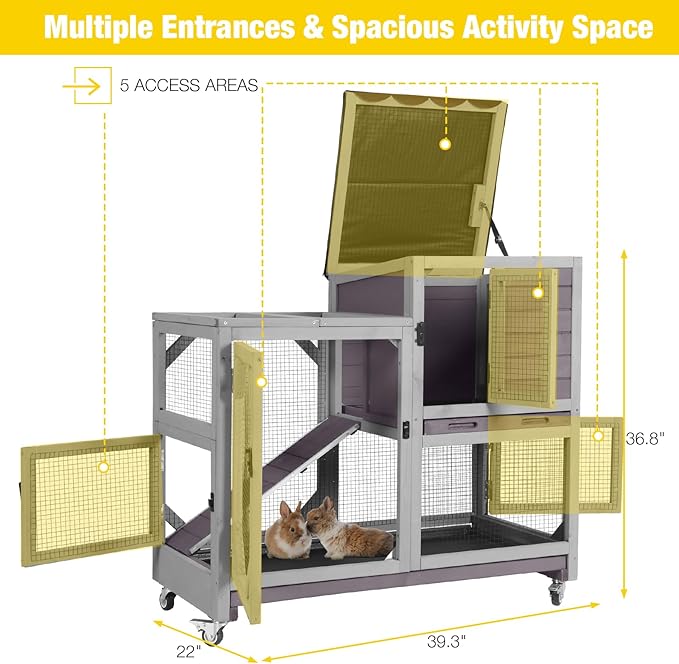 Aivituvin Rabbit Cage Indoor Outdoor Bunny Hutch on Wheels, 2 Story Wood Guinea Pig Cages with 2 Deeper Pull Out Trays (Gray)