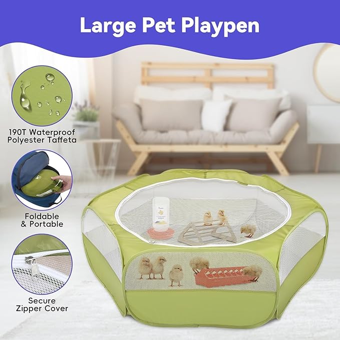 Pawaboo 5-in-1 Chicken Brooder Box for Chick Starter Kit, Includes Pet Cage Tent, Chicks Perch, Chick Feeder, 1.1L Chick Waterer, Baby Chick Supplies (Brooder Set), Green + Red + Wood Color