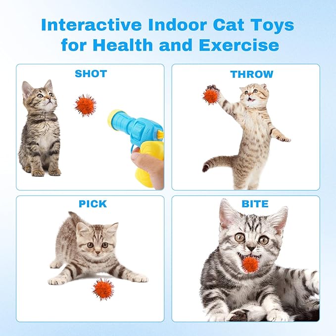 102Pcs Cat Toy Gun Launcher - 100 Sparkle Pom Pom Balls and 2 Ball Launchers, Interactive Fetch Toy Shooter for Indoor Cats and Kitty