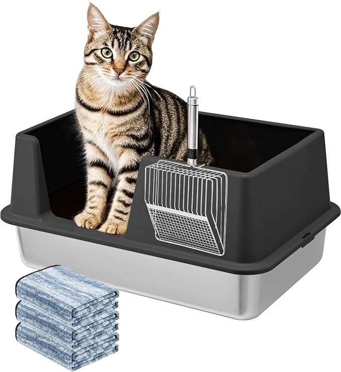 Stainless Steel Litter Box with Lid, 23.5" L x 15.8" W x 10.5" H, Large Metal Cat Box for Big Cats, High Sided Kitty Litter Box with Scoop & Pee Pads, Non-Sticky, Anti-Leakage, Easy to Clean (Black)