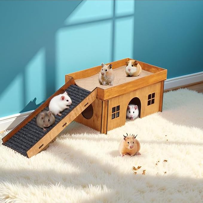 Wooden Guinea Pig Hideout, Large Hamster Hideout, Small Animal House Habitats with Stairs, Upgraded Pets Hut Castle for Guinea Pig, Bunny, Chinchillas, Hamster, Rabbit