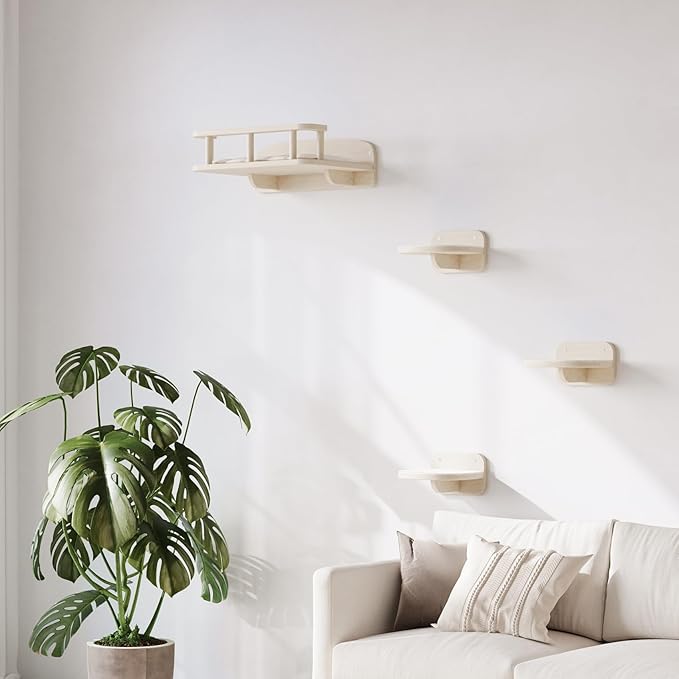 MeowHomm Cat Wall Shelves, Wood Cat Shelf with 3 Steps, Non-Slip Wall-Mounted Furniture for Kittens