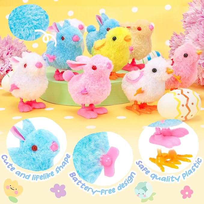 SevenQ Wind Up Toys for Kids Easter Basket Stuffers, 9Pcs Hopping Bunny Toys and Plush Chicks Jumping Small Fidget Toys for Easter Egg Fillers Goodie Bags Treasure Chest Party Favors Gifts
