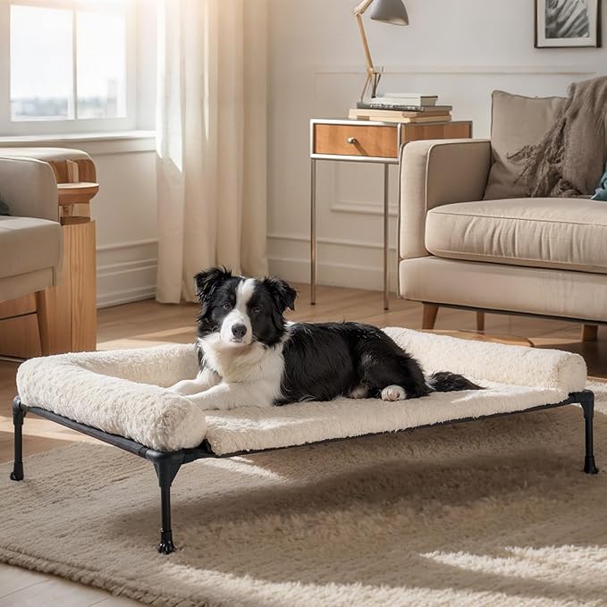 Veehoo Cooling Elevated Dog Bed Add Removable Deluxe Rose Plush Bolster Cushion Mat, 41" x 27" Washable Dog Couch Bed, Raised Pet Cot with Breathable Teslin Mesh, No-Slip Feet, White, CWC2439B