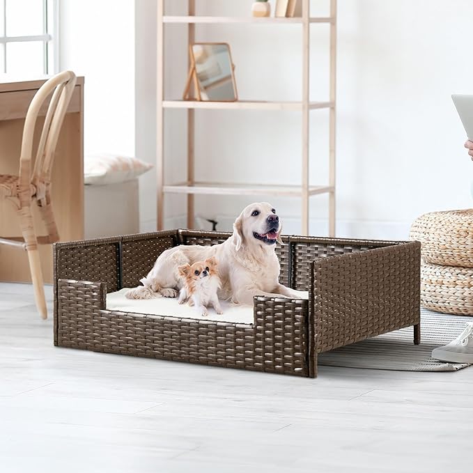 YITAHOME Rattan Dog Sofa Bed with Cushion,Wicker Pet Bed Sofa Couch Indoor Outdoor Waterproof for Large Medium Small Dogs Cats (38.6''L*26.4''W*15''H,Beige)