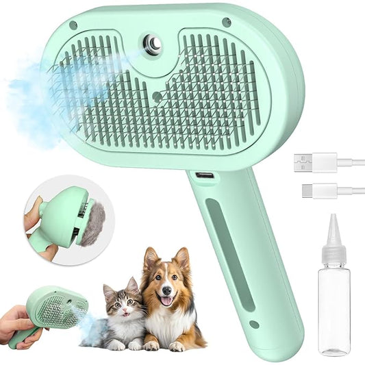Cat Steam Brush for Shedding, 3 In 1 Steam Pet Brush Self Cleaning, Dog Brush for Long and Short Hair Dogs and Cats, Pet Grooming Comb Remove Tangled Loose Hair, Type-C Fast Charging (Green)