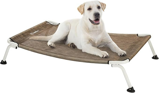 Veehoo Elevated Dog Bed for Outdoor, Cooling Waterproof Raised Dog Cots Beds for Large Dogs, Curved Off Ground Pet Hammock Cot Lifted for Outside, up to 85lbs, White Legs, Brown 42"