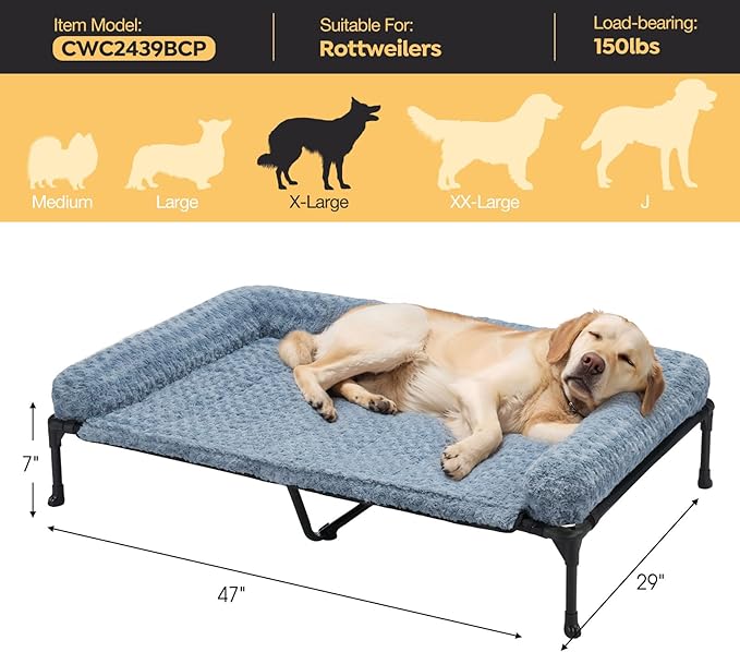 Veehoo Cooling Elevated Dog Bed Add Removable Deluxe Rose Plush Bolster Cushion Mat, 47" x 29" Washable Dog Couch Bed, Raised Pet Cot with Breathable Teslin Mesh, No-Slip Feet, Haze Blue, CWC2439B