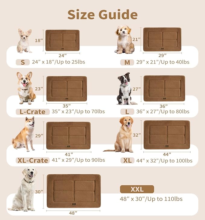 Made4Pets Dog Crate Pad Bed for Medium Large Dogs, Washable & Reversible, Anti-Slip Kennel Mat for Cozy Sleeping, Soft Fluffy Dog Bed for Indoor & Outdoor Use, 35"x23", Brown