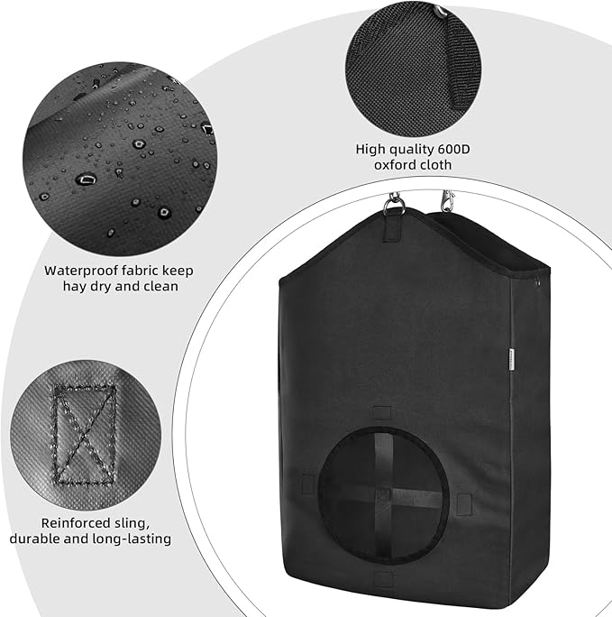 3 PCS Goat Hay Feeder,Hay Bags for Horses,Goats,Donkeys with Reinforced Oxford Fabric and High Strength Metal Clasp,Horse Feeding Supplies with Adjustable Strap for Easy Hanging (3Black)
