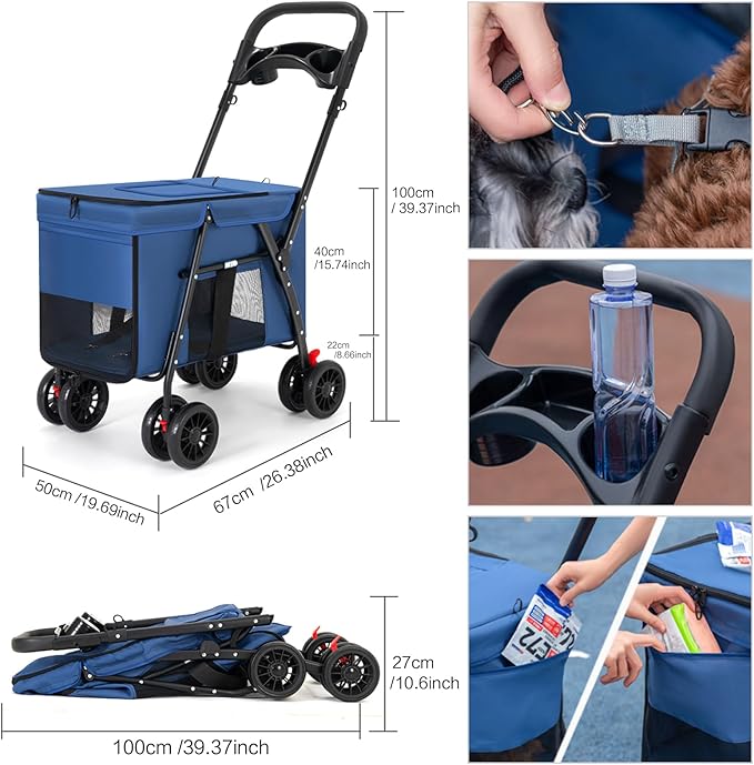 Pet Stroller Cat Dog Stroller Travel Folding Pet Carriers（Blue）