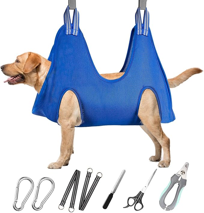 Dog Grooming Hammock for Large & Giant Dogs, Pet Grooming Sling with Nail Clippers, Trimmers & Scissors – Comfortable & Safe Grooming Harness for Stress-Free Nail Trimming for XXXL Dogs