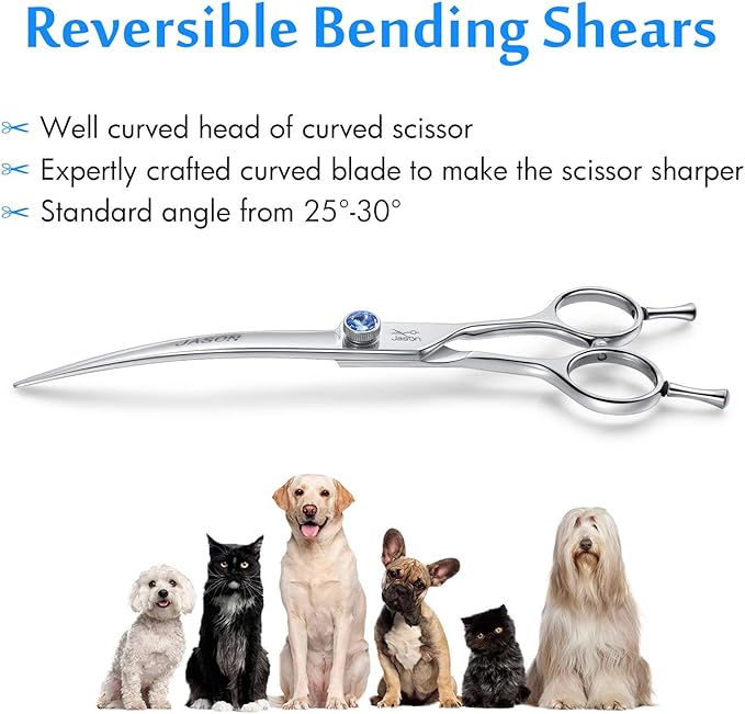 JASON 7" Curved Dog Grooming Scissors, Ergonomic Pets Cats Trimming Shears with Offset Handle and a Jewelled Screw for Right Handed Groomers, Sharp, Comfortable