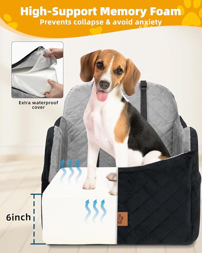 Car Seat Booster for Dog: High-Support Memory Foam Pet Car Seat for Small/Medium Dogs Under 35lbs with Elevated Cushion, Pockets - Detachable Washable Puppy Travel Bed for Driving(Black/Grey)