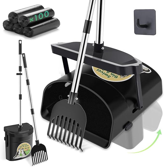 UPSKY Dog Pooper Scooper Swivel Bin & Rake Kit with 100 Waste Bags,33.4" Stainless Steel Long Handle Heavy Duty Pet Poop Shovel for Large Medium Small Dogs, Odor-Proof Lid for Yard/Lawn/Outdoor Use