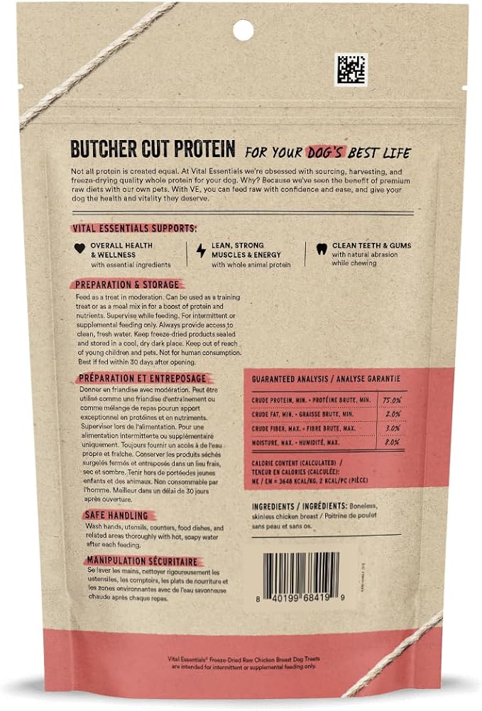 Vital Essentials Chicken Breast Dog Treats, 3.75 oz | Freeze-Dried Raw | Single Ingredient | Premium Quality High Protein Training Treats | Grain Free, Gluten Free, Filler Free
