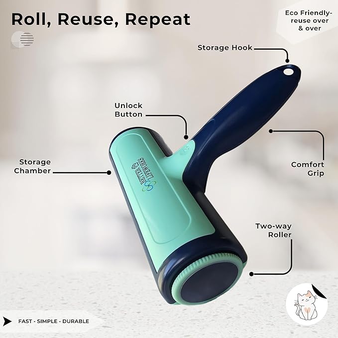 Reusable Pet Hair Remover-Lint Roller for Couch, Furniture, Carpet, Clothing and Bedding, Eco-Friendly Cat and Dog Hair Remover, Portable Pet Hair Removal Tool in Mint Green