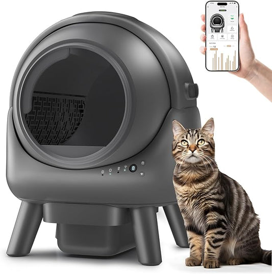 Self Cleaning Litter Box for Multiple Cats – Automatic Cat Litter Box with App Control, Odor-Free Waste Disposal, Dual Safety Sensors, Litter Bags, Grey-Qx2