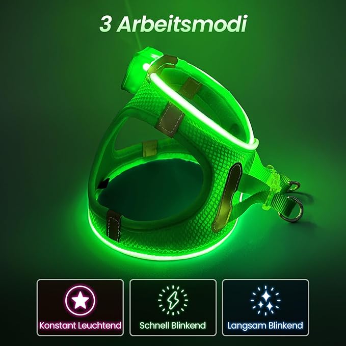 Pceotllar LED Dog Harness - Rechargeable, Flashing Light, No Pull, Reflective - Small/Medium, (Green S)