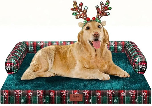 XL Christmas Dog Bed for Extra Large Dogs-Waterproof Large Dog Cat Bed with Sides,Foam Big Pet Couch Sofa Beds with Washable Removable Cover，Comfort Orthopedic Pet Beds with Non-Slip Bottom