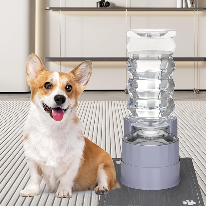 RIZZARI Large Water Dispenser for Dogs: 8L Automatic Stainless Steel Gray Gravity Raised Pet Feeder for Pet Dogs Indoor/Outdoor
