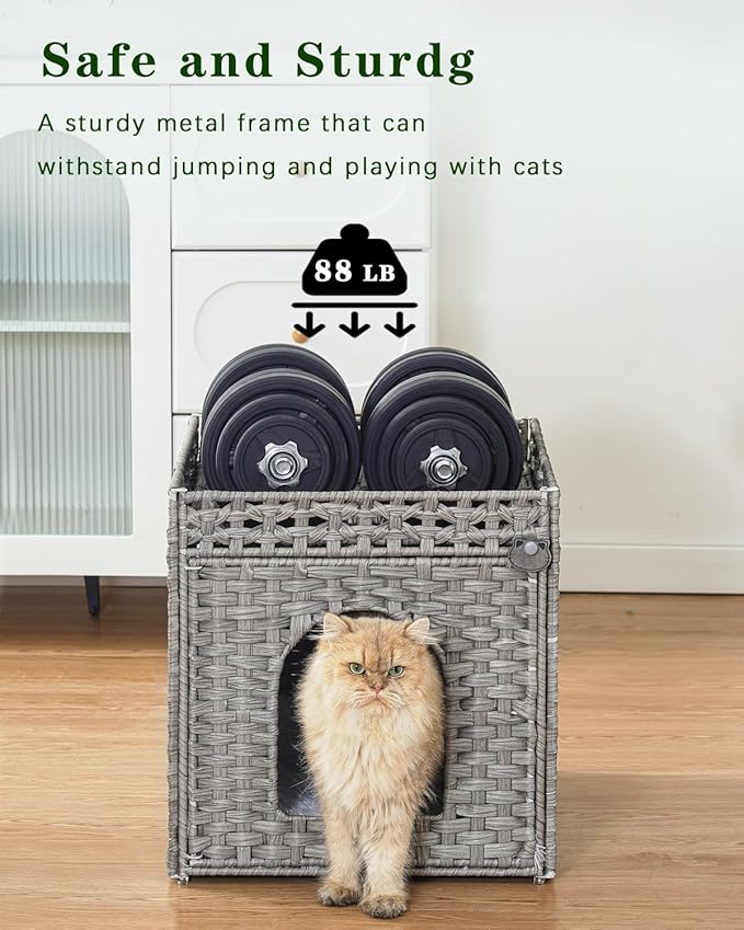 Cat Beds for Indoor Cats Extra Large Double Cat Cave Pet Cube, Handwoven Rattan Cat Houses with Double-Sided Soft Cushions, 18.5 x 20.5 x 19.1 Inches Foldable Hideaway in Living Room Gray